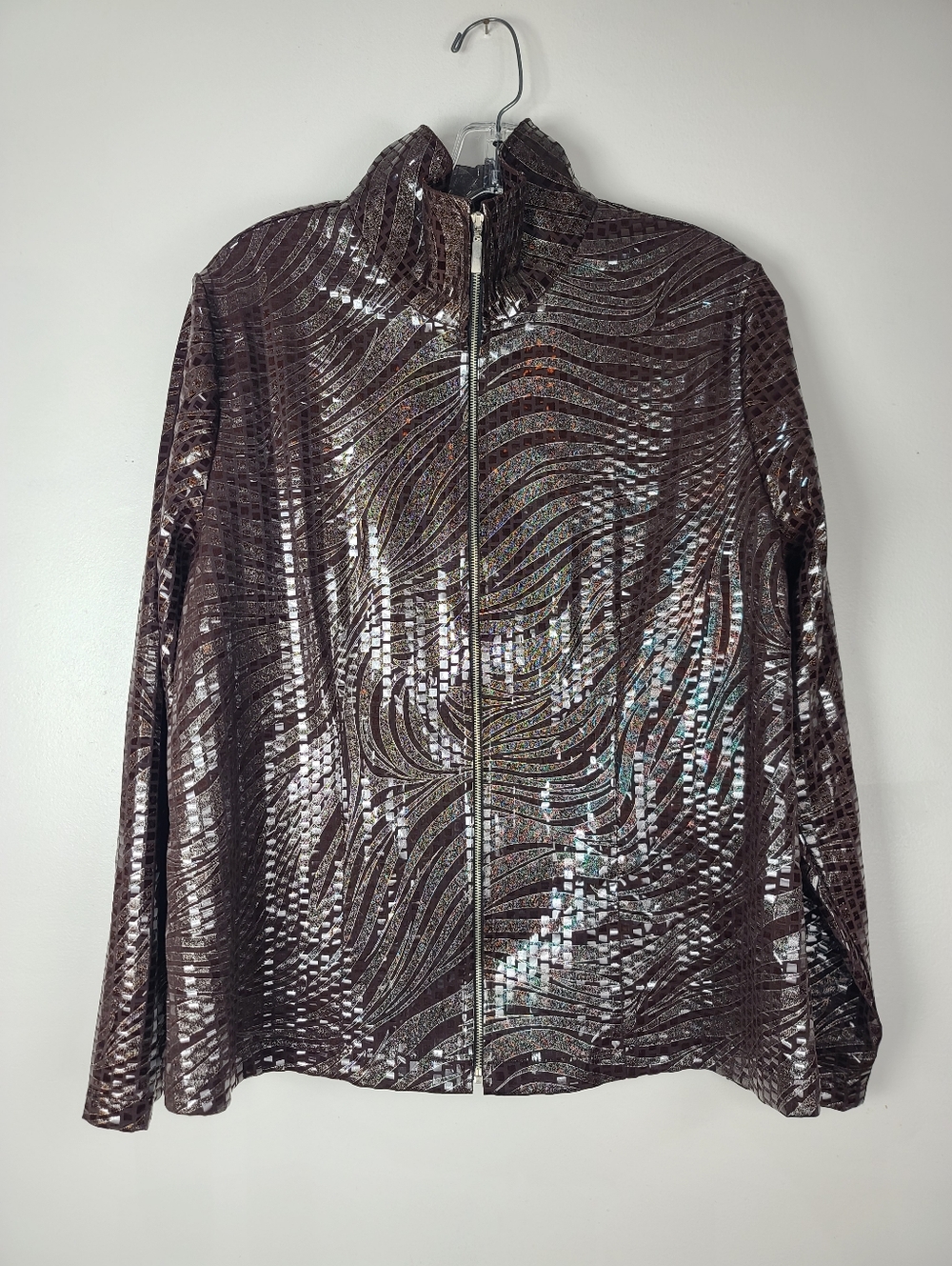 Misook Brown Patterned Shattered Glass Faux Sequin Full-Zip Lightweight Jacket L - Picture 6 of 13